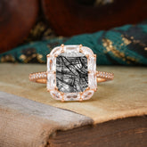 4CT Emerald Cut 8 Prong Black Rutilated Quartz Engagement Ring Pave Halo Bridal Ring